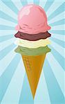 Ice cream cone illustration, three scoops on radial burst background