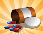 Illustration of open pillbox with pills, spilled red and blue capsules