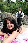 Portrait of a happy bride and groom on a mountain.