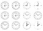 set of vector clock faces and hands including gothic style with roman numerals