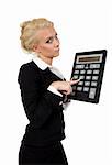 businesswoman with calculator on white background