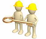 Two builders - puppets, holding in hands a gold key. Objects over white