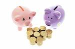 Piggy Banks with Coins on White Background