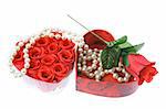 Pearl Necklace and Red Roses on White Background