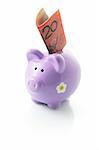 Piggy Bank with Dollar Note on White Background