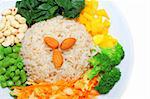 Healthy Asian dishes, brown rice and vegetables