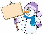 Snowman with wooden sign - vector illustration.