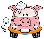 A pig cartoon car washing with soap bubbles