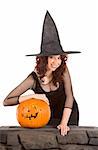 Portrait of busty Hispanic teenager girl in black Halloween hat and fishnet dress with carved pumpkin (Jack O' Lantern)