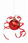 One red and gold Christmas ball with a ribbon isolated on white background. Shallow depth of field