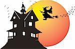 Vector. Halloween theme with dark house full moon and witch.