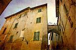 Artistic work of my own in retro style - Postcard from Italy. - Architecture urban alley, Spoleto, Umbria, Italy