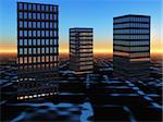 An abstract background of buildings on a glowing grid sunrise horizon.