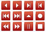 Media square icons set. Red - white palette. Vector illustration.