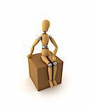 Wooden mannequin sitting on moving box over white