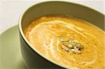 A bowl of pumpkin soup, shallow dof, focus is on seeds.