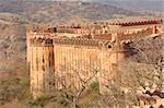 India, Jaipur: Jaigarh Fort, on the top of the hill we can see  the most spectacular forts in india;place of artillery production  it was there that the world's largest canon on wheels, the jaivana; was born.  uncommon dimensions for this defensive architecture in yellow stone