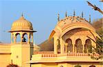 India, Jaipur: Gaitore; typical indian rajput yellow stone architecture and blue sky
