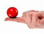 female hand holding blank red 3D ball, shallow DOF