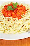 Freshly cooked plate of spaghetti with tomato sauce just for eating. Shallow depth of field