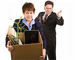Fired corporate employee holding her belongings in a cardboard box, as her boss orders her out of the building.  Isolated on white.