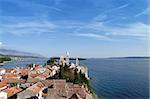 Croatia, Rab island, Rab town - view from St. John campanile towards the end of the peninsula and old town