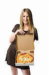 Beautiful young blond woman holding a pizza in a box.