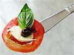 close up photo of italian caprese tomato mozzarella olive salad