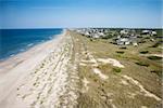 Aerial view of beach and residential neighborhood at Bald Head Island, North Carolina.