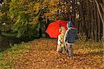 Mother and son in the autumn park with a red umbrella