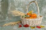 Harvest produce in a basket over textured background