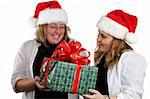 A woman receiving a secret santa gift from a co-worker.