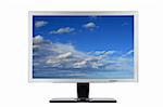 A computer flat wide screen with blue cloudy sky wallpaper, isolated on white background