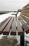 Benches overlooking Narragansett Bay on a cold, windy day