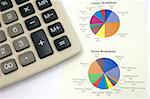 Close up of pie chart and calculator