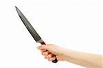 A hand holding a large butcher knife isolated on white with clipping path.