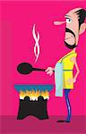 Illustration of a cook standing near a burning stove with ladle