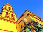 Statues and bell tower of the historic Convento de la Cruz (Convent of the Cross) in the colonial city of Queretaro, Mexico.