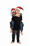 Two adorable brothers with Christmas hats. On white background.