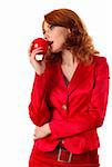 modern dressed woman holding red apple