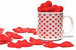 A Valentine coffee cup full of hearts.