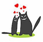 Two enamored black cats and hearts on a white background. Valentines illustration.