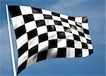 Rippled black and white chequered flag with sky background (illustration)