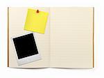 lined exercise book with photo frame and yellow note, visivle natural shadow in front