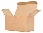 front view of single open cardboard box against white background