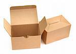 two cardboard boxes againt white background, minimal shadow among