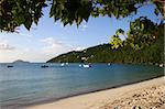 Sandy beach and bay surrounded by wooded hills on Caribbean island of St Thomas