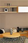 Wooden shelves and table in living room