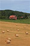 Swedish landscape with typical red house and a field with straw bales