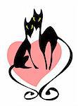 Two enamored black cats and pink heart on a white background. Valentines illustration.